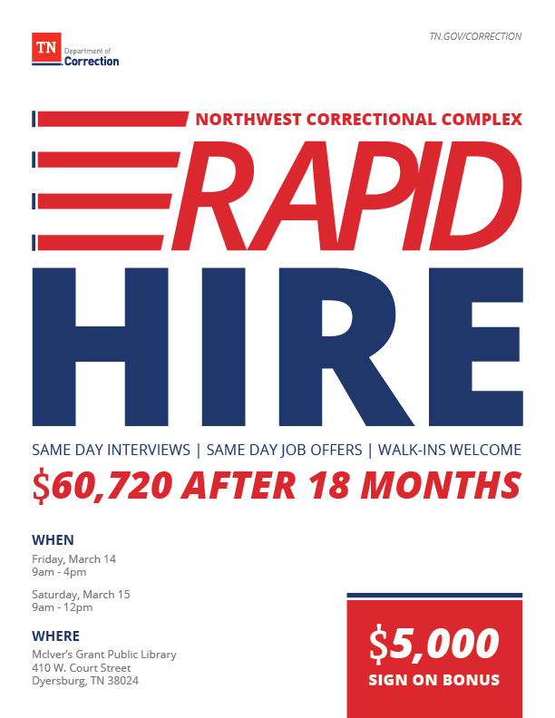 Northwest Correctional Complex Rapid Hire Flyer