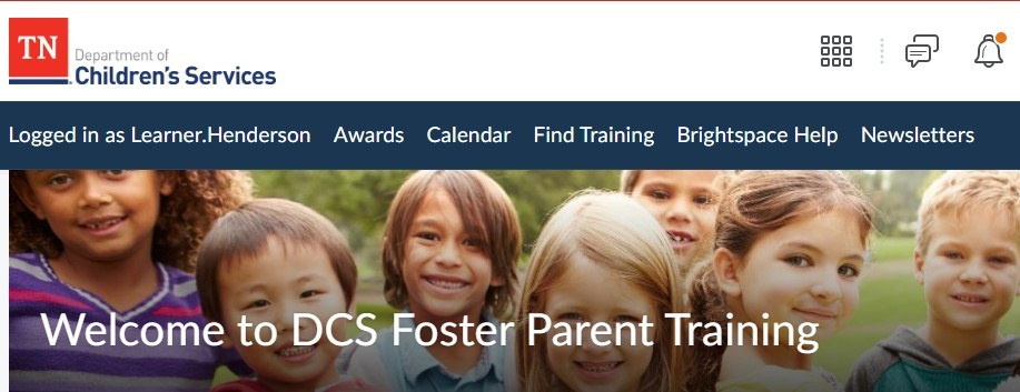 navbar-home Navigation bar on the DCS Brightspace homepage showcasing links for Awards, Calendar, Find Training, Brightspace Help, and Newsletters