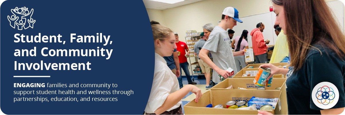 Student, Family, and Community Involvement Headline: Student, Family, and Community Involvement Sub-headline: ENGAGING families and community to support student health and wellness through partnerships, education, and resources Icon: Group of people representing family and/or community Image: Group of kids and adults loading cardboard boxes with non-perishable items to help communities in need.