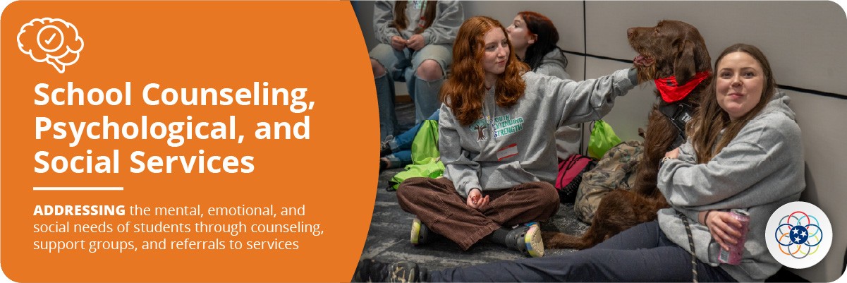 Headline: School Counseling, Psychological, and Social Services Headline: School Counseling, Psychological, and Social Services Sub-headline: ADDRESSING the mental, emotional, and social needs of students through counseling, support groups, and referrals to services Icon: Brain with a check mark in a circle in the middle Image: Girl petting a therapy dog at the Project AWARE Youth Conference with other students nearby.