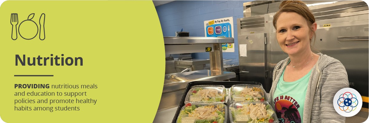 Headline: Nutrition Sub-headline: PROVIDING nutritious meals and education to support policies and promote healthy habits among students Icon: Fork, plate and knife. The plate has a leaf at the top to look like an orange Image: Woman holding a tray of pre-packaged salads in a school cafeteria.