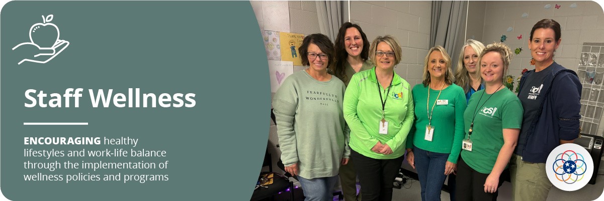 Staff Wellness Headline: Staff Wellness Sub-headline: ENCOURAGING healthy lifestyles and work-life balance through the implementation of wellness policies and programs Icon: Hand holding apple Image: Group picture of female educators and staff smiling at the camera.