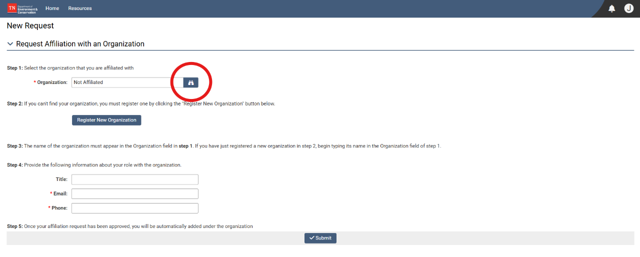 tdec_grants_submit-affiliation-2 Picture of Grant Request Affiliation screen