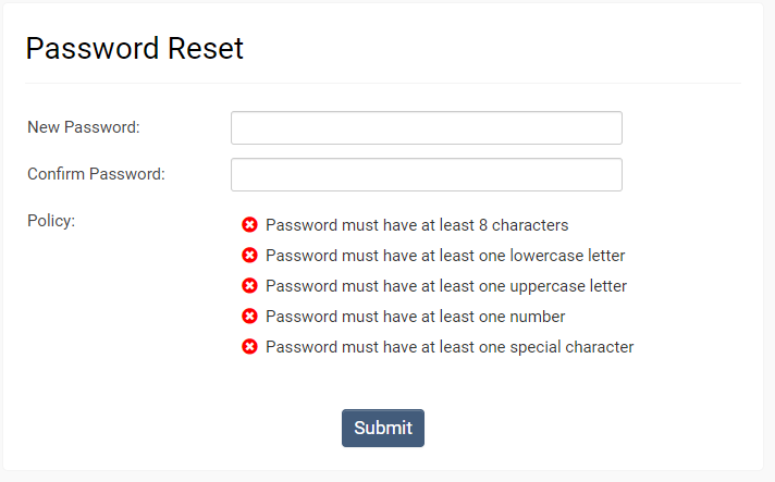TDEC GMS Password Reset Screen Change Password Screen. Passwords must have at least 8 characters, 1 lowercase letter, 1 uppercase letter, 1 number, and 1 special character.