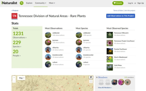 An image of the project page for the Division of Natural Areas iNaturalist Project, which shows a leaderboard of contributors and summaries of data contributed
