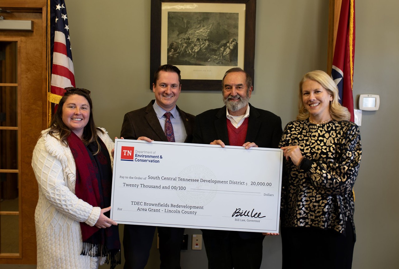 The Tennessee Department of Environment and Conservation (TDEC) presents a check for $20,000 to Lincoln County for its plans in brownfield redevelopment. From left are Amy Dyman, coordinator of the Brownfield Redevelopment Area Grant program; Jay Strobino of U.S. Sen. Marsha Blackburn’s office; Bill Newman, mayor of Lincoln County; and Lisa Cross, director of Rural Planning Organization/Infrastructure for the South Central Tennessee Development District.