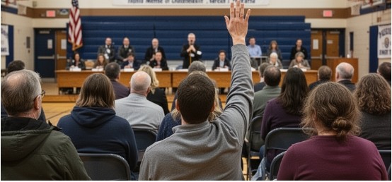 Decorative image of a community meeting in a gymnasium, with a panel of officials seated at a long table facing an audience. Several attendees sit in folding chairs, and one person raises a hand to speak. An American flag and a banner hang behind the panel.
