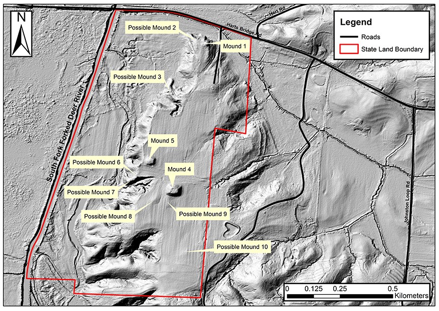 LiDAR Map of the Johnston Site with identified and possible mounds labeled. LiDAR Map of the Johnston Site with identified and possible mounds labeled.