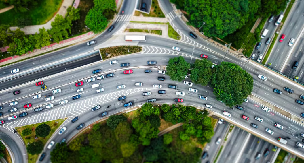 Aerial image of a busy highway intersection Aerial image of a busy highway intersection