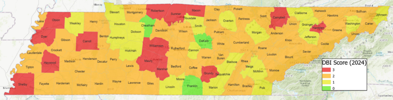 Disproportionate Burden Index Map of TN color coded with counties scoring from 0-3. Disproportionate Burden Index Map of TN color coded with counties scoring from 0-3.