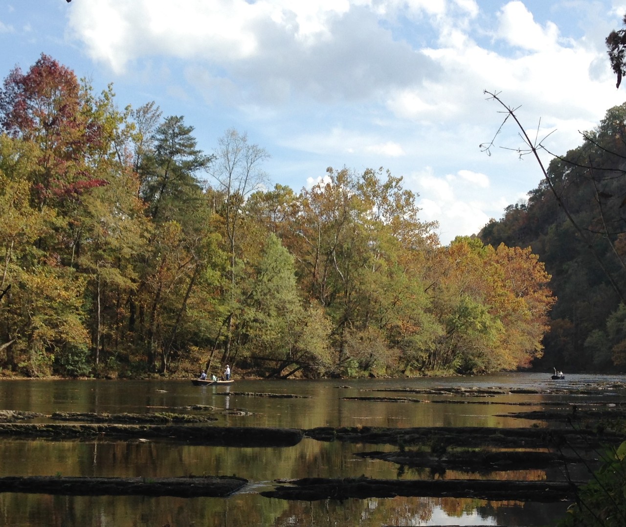 Watauga river landscape with leave changing trees on fall