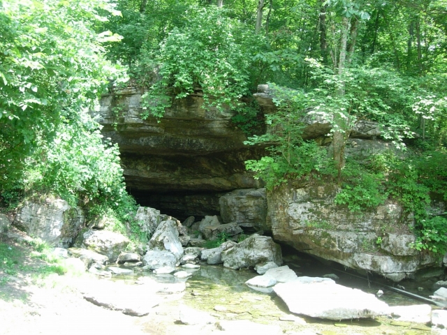 Cave entrance surrounded by trees with a creek flowing into the foreground