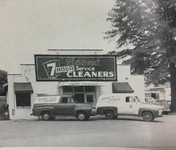 A photo of Boone Dry Cleaners taken sometime between 1944-1977. A black and white photo of Boone Dry Cleaners taken sometime between 1944-1977.