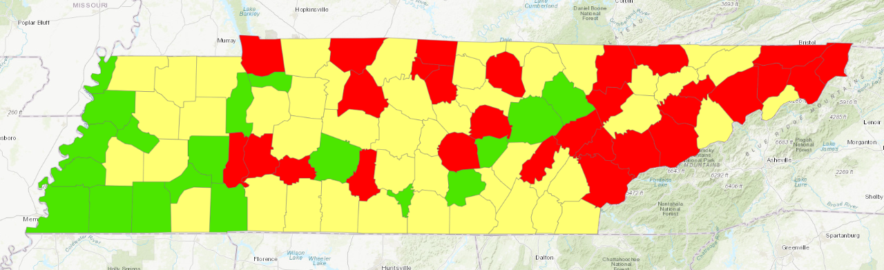 Radon levels by county in Tennessee