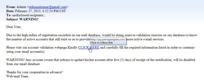 Email phishing example Example of phishing email