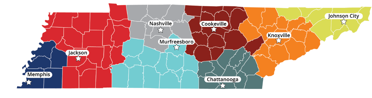 TBI-Service-Coordinators-by-Region This image shows a color-coded map of Tennessee divided into 8 regions for Traumatic Brain Injury (TBI) Service Coordination. Within each region, a major city is highlighted.