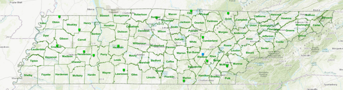 Clickable map Tennessee with pin points showing locations where Active Living Workshops have taken place