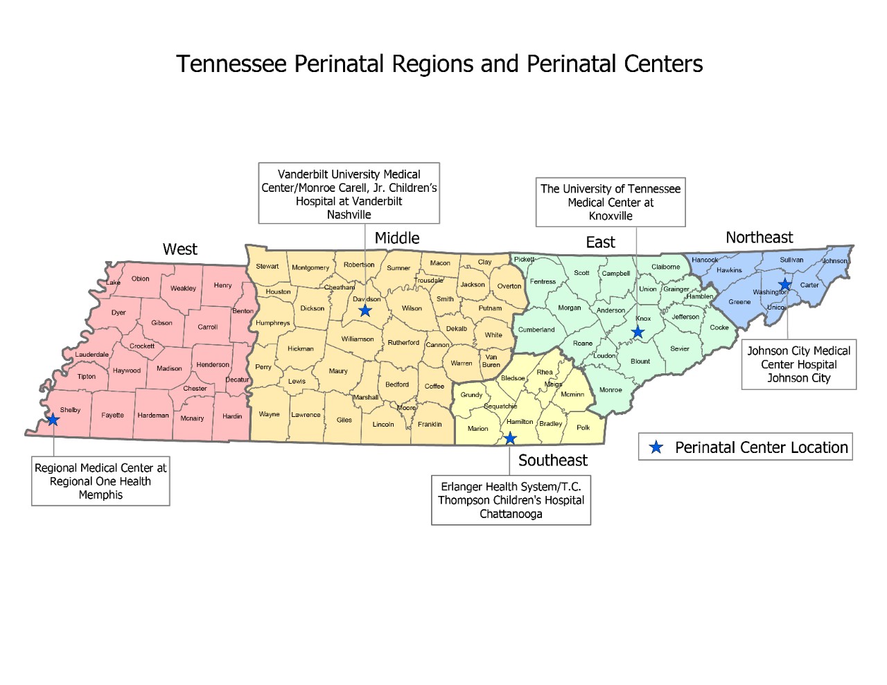 Perinatal-RegionsCenters-2023 Map of Tennessee showing the five perinatal regions—West, Middle, Southeast, East, and Northeast—and the locations of the state’s perinatal centers in Memphis, Nashville, Chattanooga, Knoxville, and Johnson City.