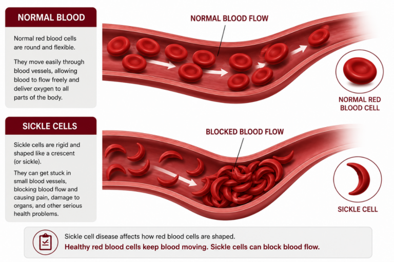 Illustrated diagram comparing the flow of normal blood cells to sickle cells..