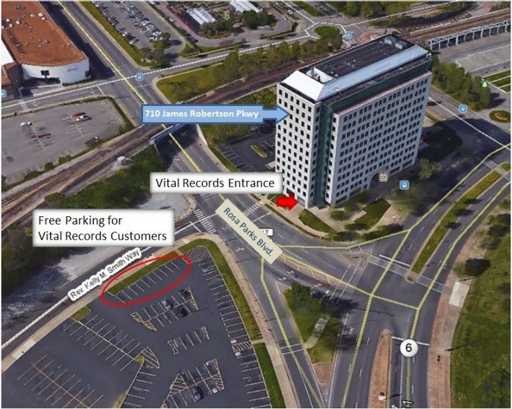 Image of the Tennessee Department of Health office building showing the location of the Office of Vital Records and for free parking.