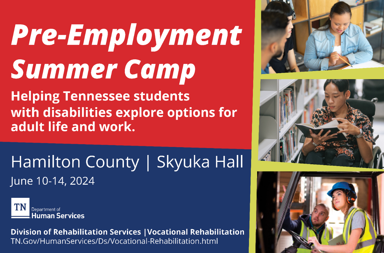 Twitter Pre-Employment Summer Camp Skyuka 2024 Graphic showing teens driving a forklift, reading and speaking with instructors