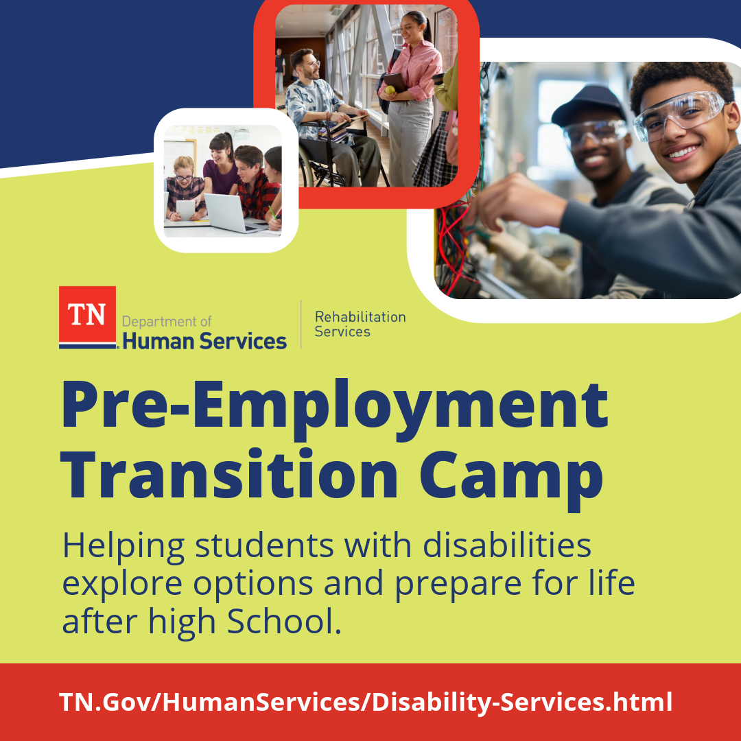 Pre-ETS Summer Camp-2 Images of students in academic and job settings and text that reads “Pre-Employment Transition Camp: Helping students with disabilities explore options and prepare for life after high school.”