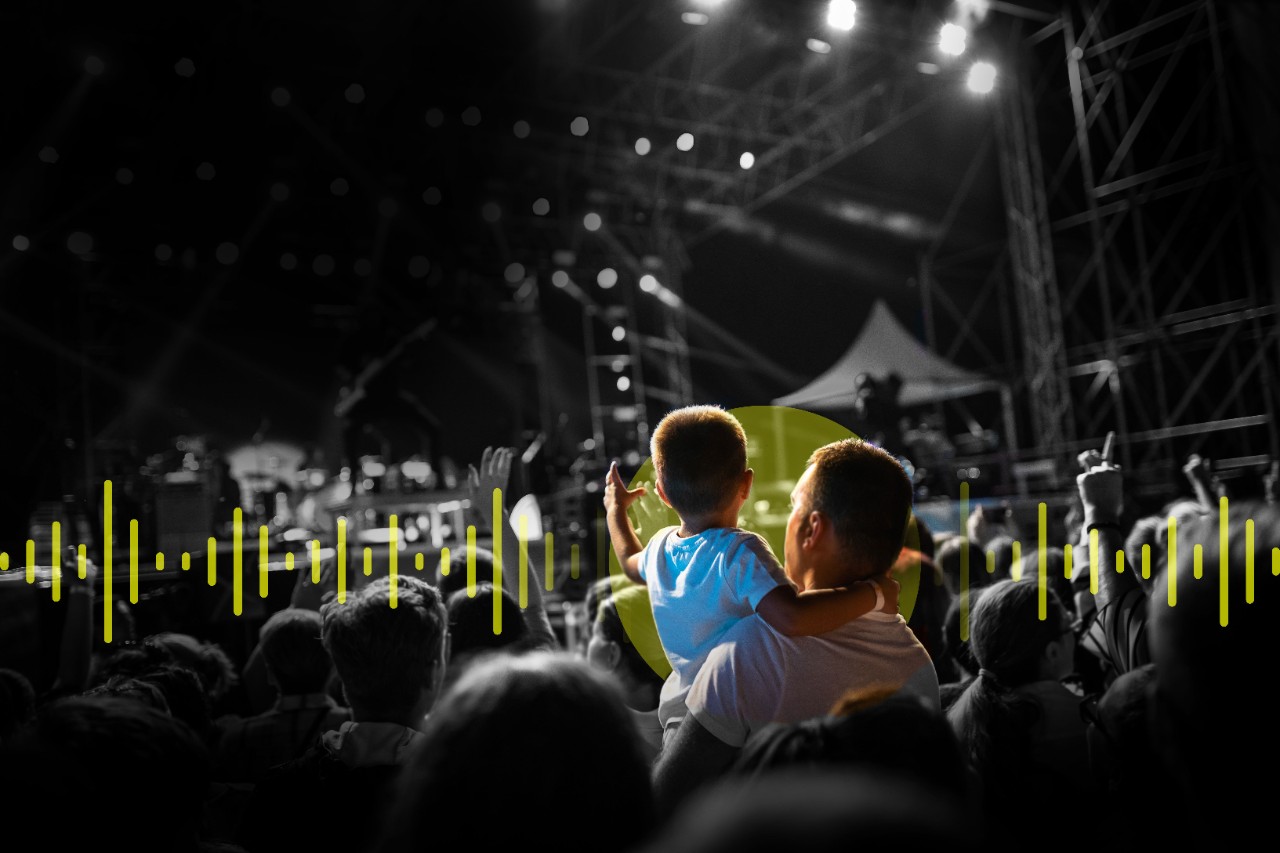 Concert seen from the crowds with a young boy and his father watching the performance
