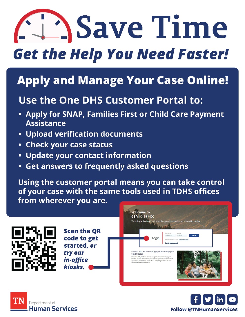One DHS Customer Portal Flyer Infographic instructing customers on the different uses of the One DHS Customer Portal