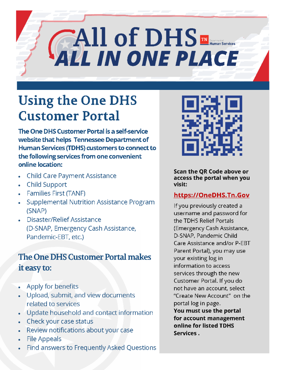 Using the One DHS Customer Portal Document that informs customers of different features found on the One DHS Customer Portal