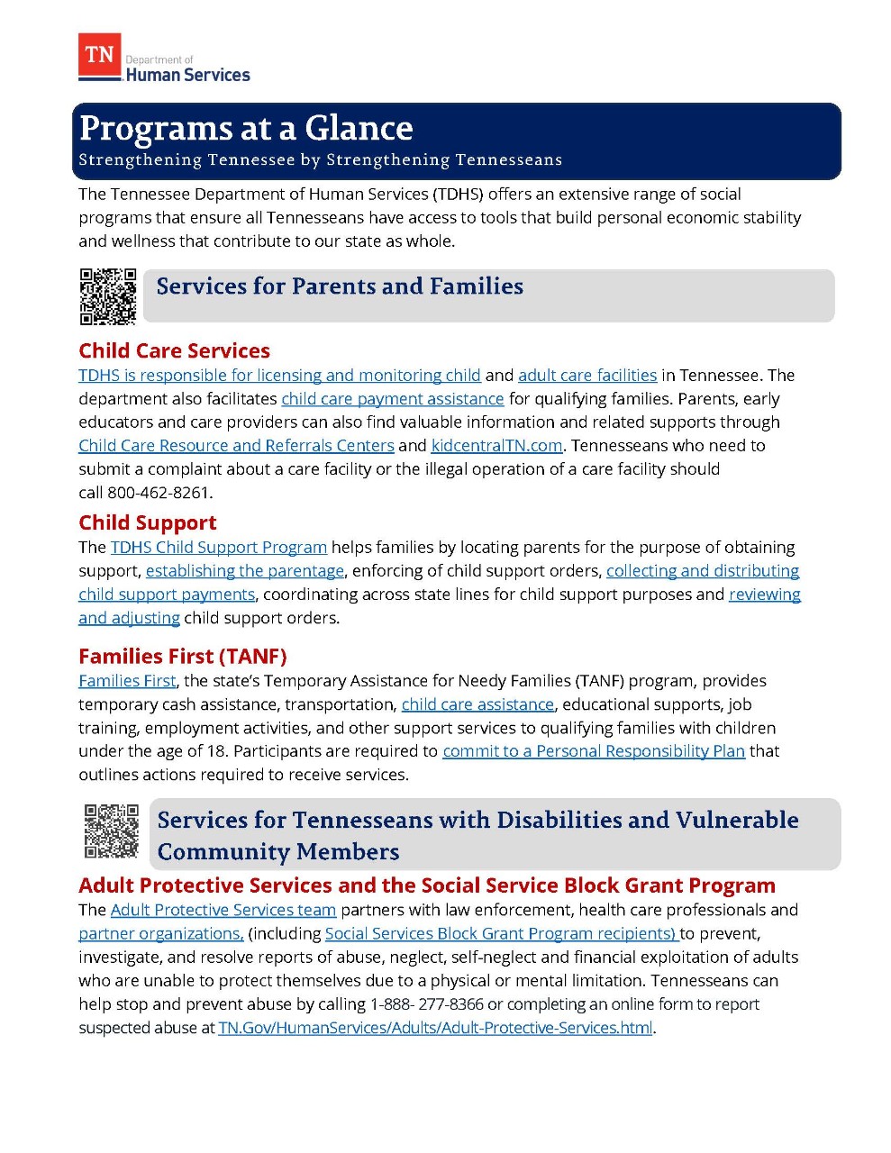 Tennessee Department of Human Service Programs at a Glance