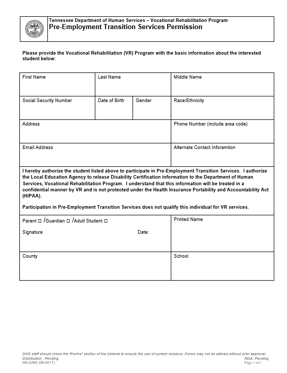 Transition School to Work parental Application Cover