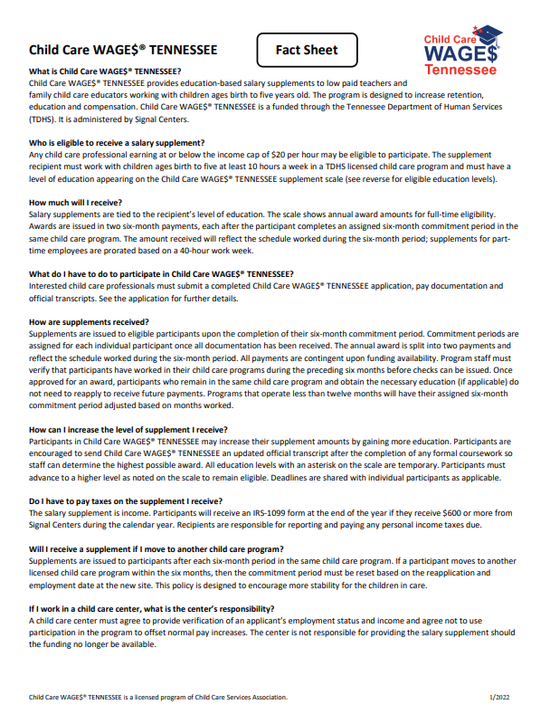 Child Care WAGE$ Fact Sheet Cover photo of Child Care WAGE$ Fact Sheet document