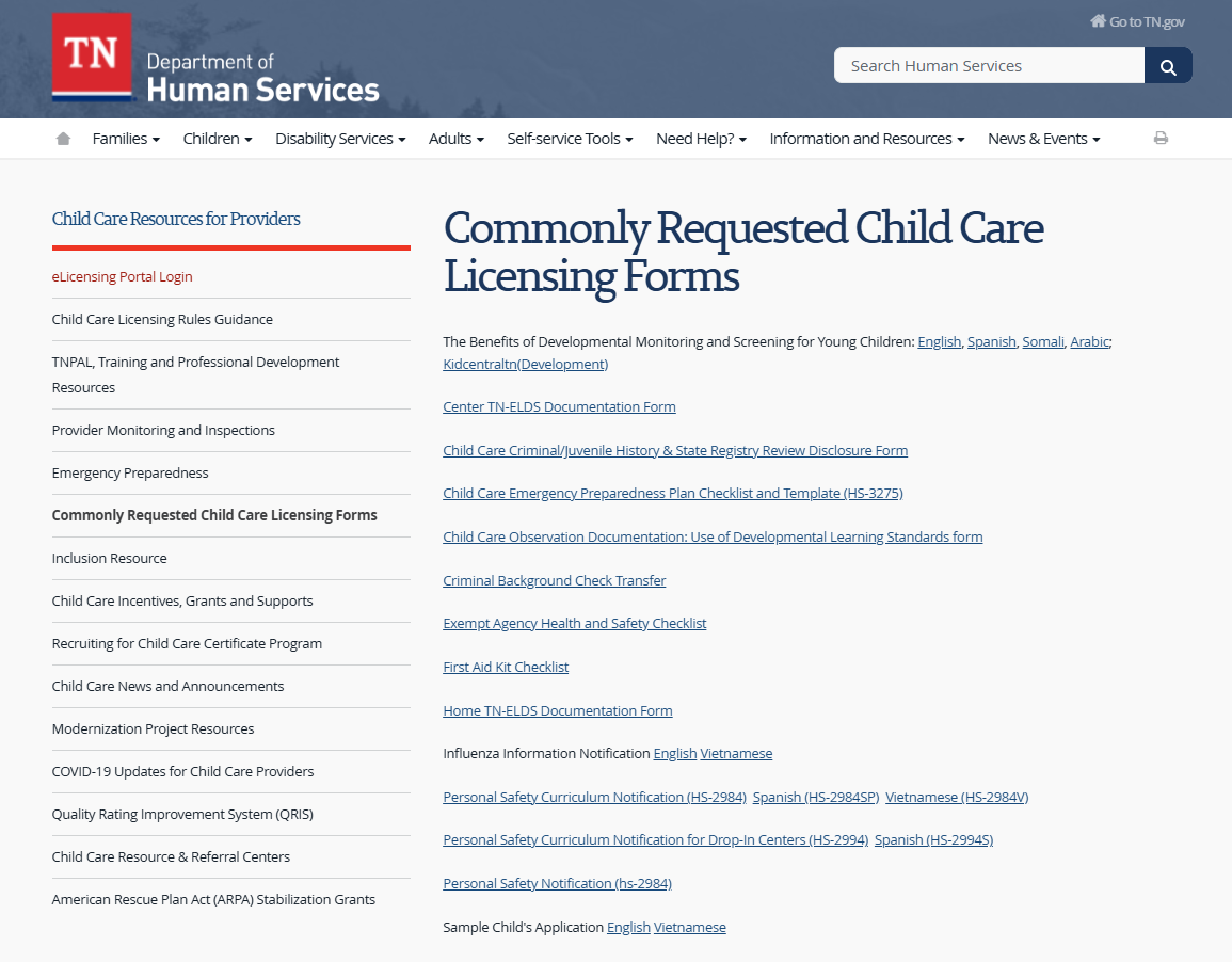 Child Care Licensing Forms Website photo of Child Care Licensing Forms