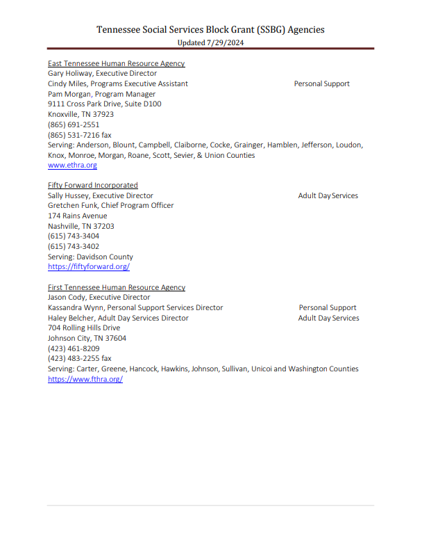Tennessee Social Services Block Grant Agencies Cover photo for Tennessee Social Services Block Grant Agencies