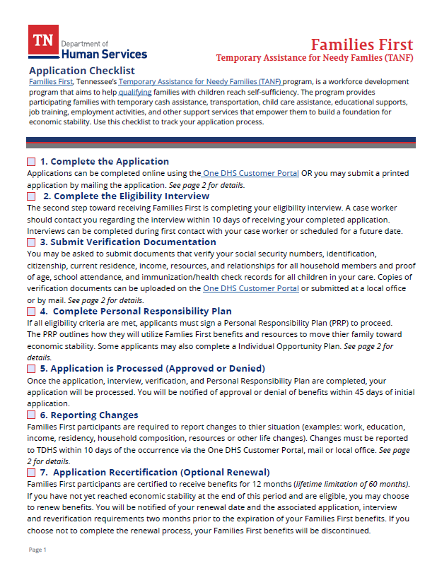 Families Assistance Checklist