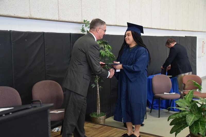 Academy Director Gary Ensminger congratulates Lauren Jones of LaVergne during graduation ceremonies for the first class at Tennessee Volunteer ChalleNGe Academy in Nashville. Academy Director Gary Ensminger congratulates Lauren Jones of LaVergne during graduation ceremonies for the first class at Tennessee Volunteer ChalleNGe Academy in Nashville.