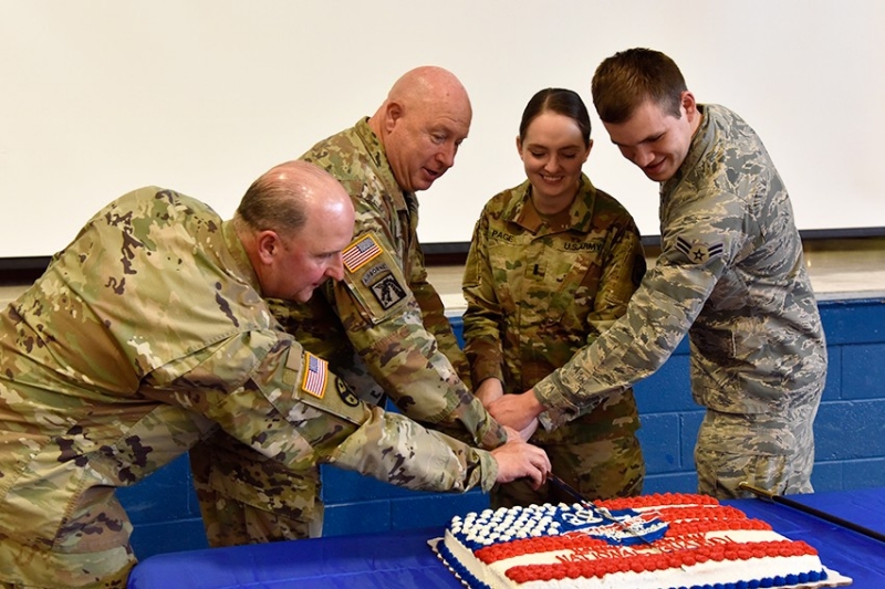 Tennessee Military Department Celebrates National Guard’s 382nd Birthday Maj. Gen. Max Haston, Tennessee’s Adjutant General, cuts a National Guard birthday cake with a ceremonial saber and is joined by Chief Warrant Officer 5 Lee Kies, 1st Lt. Margaret Page, and Airman 1st Class Antonio Romero to celebrate the National Guard’s 382nd birthday on December 13 at the Tennessee National Guard Headquarters.