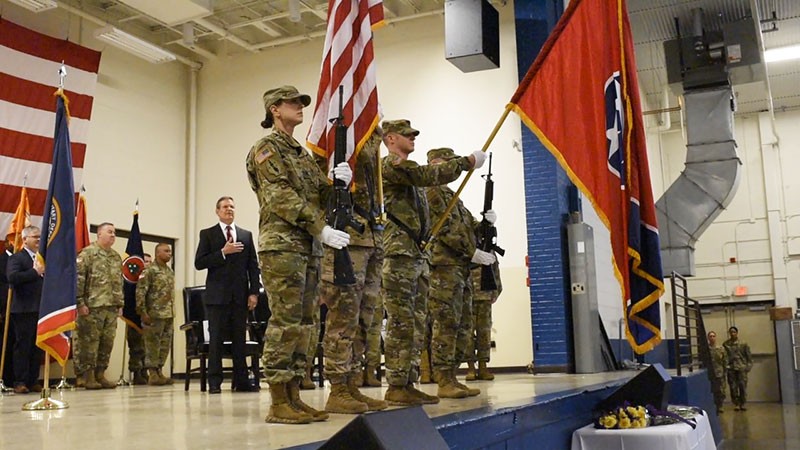 A Tennessee National Guard color guard presents the American flag during a change of command ceremony for Maj. Gen. Jeff Holmes, the 76th Adjutant General, at the Joint Force Headquarters in Nashville on March 3, 2019. (U.S. Army photograph courtesy of Sgt. Robert Mercado) A Tennessee National Guard color guard presents the American flag during a change of command ceremony for Maj. Gen. Jeff Holmes, the 76th Adjutant General, at the Joint Force Headquarters in Nashville on March 3, 2019. (U.S. Army photograph courtesy of Sgt. Robert Mercado)