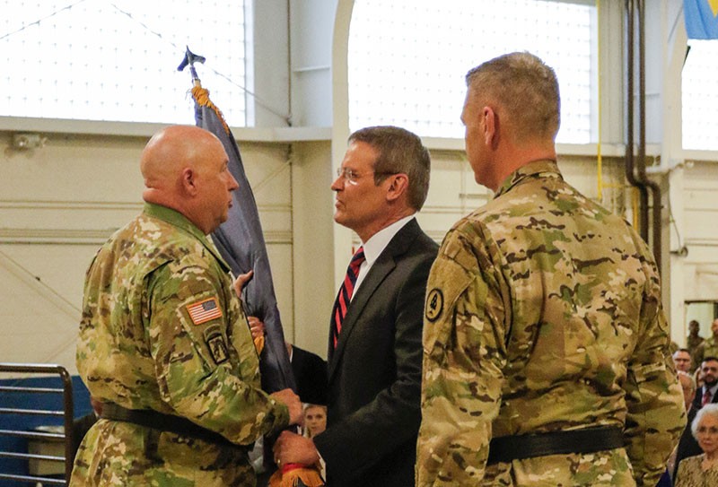 Maj. Gen. Terry M. “Max” Haston, Tennessee’s 75th Adjutant General, relinquishes the Tennessee Military Department flag to Tennessee Governor Bill Lee during a change of command ceremony at the Joint Force Headquarters in Nashville on March 3, 2019. Maj. Gen. Jeff Holmes took command of the Tennessee Military Department during the ceremony. (U.S. Army photograph courtesy of Staff Sgt. Mathieu Perry) Maj. Gen. Terry M. “Max” Haston, Tennessee’s 75th Adjutant General, relinquishes the Tennessee Military Department flag to Tennessee Governor Bill Lee during a change of command ceremony at the Joint Force Headquarters in Nashville on March 3, 2019. Maj. Gen. Jeff Holmes took command of the Tennessee Military Department during the ceremony. (U.S. Army photograph courtesy of Staff Sgt. Mathieu Perry)