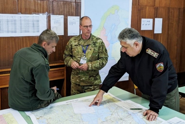 Lt. Col. Kevin Wilson, Executive Officer for the Joint Adaptive Battle Staff, meets with Bulgarian officials during a planning brief in Sofia, Bulgaria. Five members of the Tennessee National Guard traveled to Bulgaria to participate in Viking 22, a multi-national, NATO-led peacekeeping exercise simulating a humanitarian crises. (submitted photo)