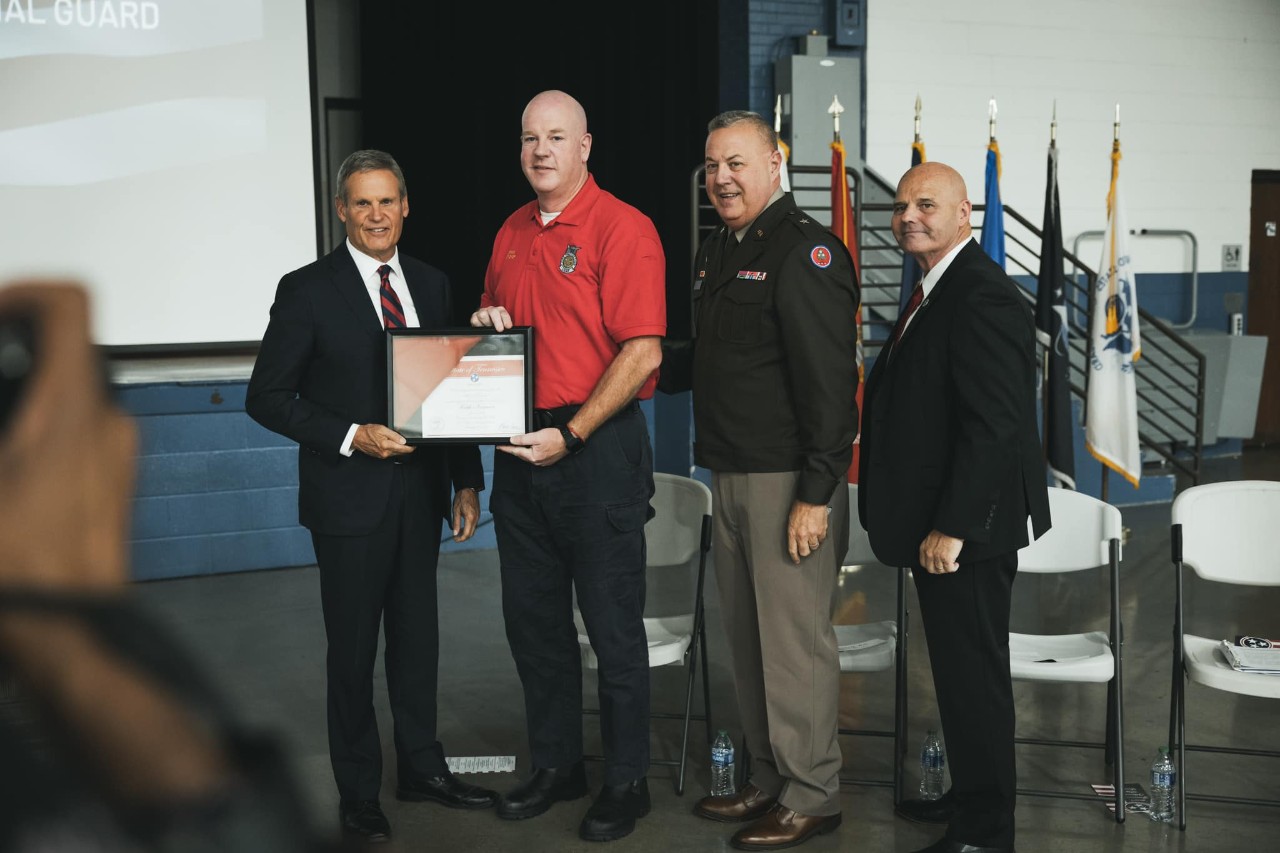 Master Sgt. Keith Norman, a Tennessee Air National Guardsman and firefighter manager for the 164th Airlift Wing, was honored at Gov. Bill Lee’s Veterans Day Ceremony, Nov. 9, at Joint Force Headquarters in Nashville. Each year, five state employees are honored for their service to the country and their roles in serving Tennessee. Master Sgt. Keith Norman, a Tennessee Air National Guardsman and firefighter manager for the 164th Airlift Wing, was honored at Gov. Bill Lee’s Veterans Day Ceremony, Nov. 9, at Joint Force Headquarters in Nashville. Each year, five state employees are honored for their service to the country and their roles in serving Tennessee.
