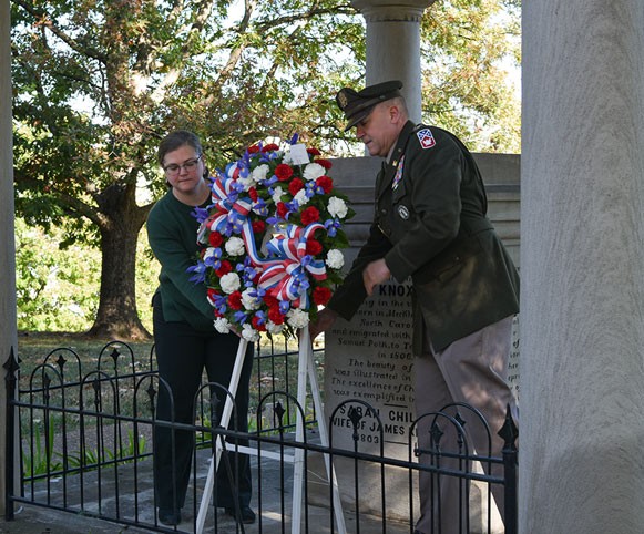 Col. John Kinton, commander of Jackson’s 194th Engineer Brigade, and Jaryn Abdallah, the education and outreach coordinator for the President James K. Polk Home and Museum, lay a wreath on Polk’s tomb during a wreath-laying ceremony at the Tennessee State Capitol, Nov. 2, in honor of President James K. Polk’s 227th birthday. (photo by retired Sgt. 1st Class Edgar Castro) Col. John Kinton, commander of Jackson’s 194th Engineer Brigade, and Jaryn Abdallah, the education and outreach coordinator for the President James K. Polk Home and Museum, lay a wreath on Polk’s tomb during a wreath-laying ceremony at the Tennessee State Capitol, Nov. 2, in honor of President James K. Polk’s 227th birthday. (photo by retired Sgt. 1st Class Edgar Castro)