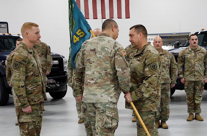Lt. Col. Bobby Rominger relinquished command of the 45th Weapons of Mass Destruction - Civil Support Team to Col. Donnie Hebel, the Operations Officer for the Tennessee National Guard, during a change command ceremony in Smyrna on Friday, Mar. 3. Rominger will now be serving as the Tennessee Military Department’s liaison officer to the Tennessee Emergency Management Agency. (Official Air National Guard Photo) Lt. Col. Bobby Rominger relinquished command of the 45th Weapons of Mass Destruction - Civil Support Team to Col. Donnie Hebel, the Operations Officer for the Tennessee National Guard, during a change command ceremony in Smyrna on Friday, Mar. 3. Rominger will now be serving as the Tennessee Military Department’s liaison officer to the Tennessee Emergency Management Agency. (Official Air National Guard Photo)