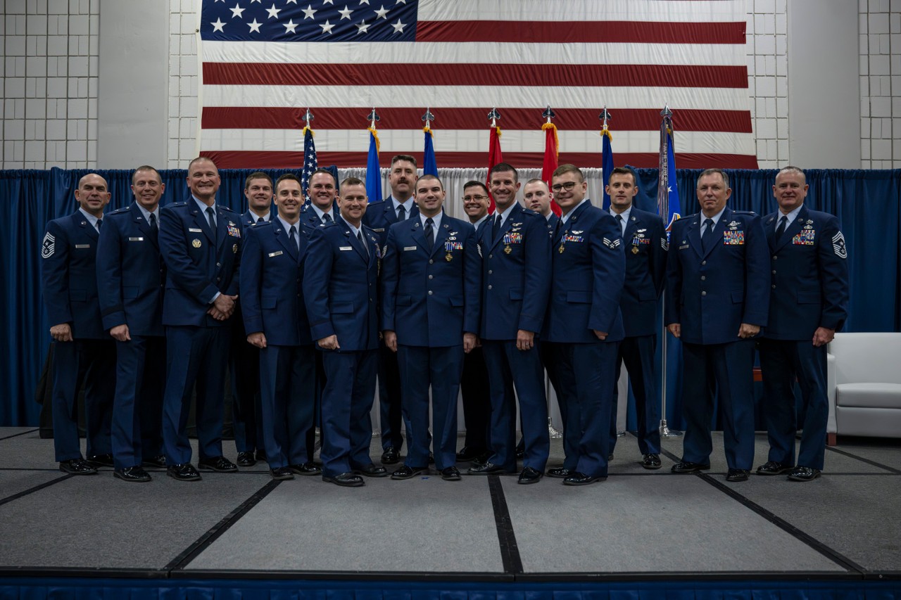 Eleven Airmen from the 134th Air Refueling Wing receive the Distinguished Flying Cross on December 7, 2024 at a ceremony on McGhee Tyson Air National Guard Base, Knoxville, Tennessee. The ceremony highlighted the critical role played by the recipients during a coordinated defense effort in response to one of the largest missile and drone attacks in history, when Iran launched a massive assault on Israel involving over 300 ballistic missiles, cruise missiles, and unmanned aerial systems. (U.S. Air National Guard photo by Senior Airman Ben Cash) Eleven Airmen from the 134th Air Refueling Wing receive the Distinguished Flying Cross on December 7, 2024 at a ceremony on McGhee Tyson Air National Guard Base, Knoxville, Tennessee. The ceremony highlighted the critical role played by the recipients during a coordinated defense effort in response to one of the largest missile and drone attacks in history, when Iran launched a massive assault on Israel involving over 300 ballistic missiles, cruise missiles, and unmanned aerial systems. (U.S. Air National Guard photo by Senior Airman Ben Cash)