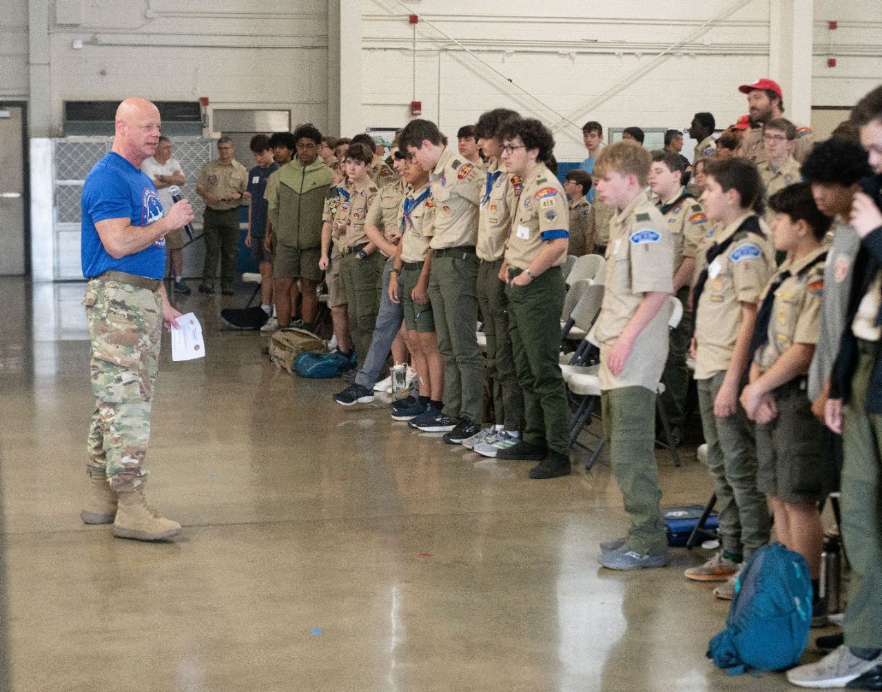 Sgt. 1st Class Ken Weichert talks with scouts during the opening ceremony for the 3rd Annual Merit Badge University hosted by the Tennessee Military Department at Nashville’s Joint Force Headquarters, April 27. (photo by Staff Sgt. Matthew Brown) Sgt. 1st Class Ken Weichert talks with scouts during the opening ceremony for the 3rd Annual Merit Badge University hosted by the Tennessee Military Department at Nashville’s Joint Force Headquarters, April 27. (photo by Staff Sgt. Matthew Brown)