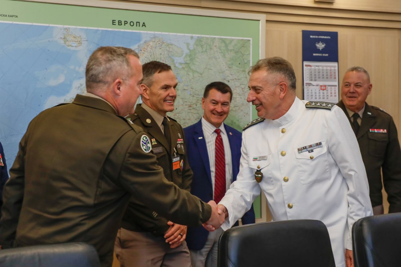 Brig. Gen. Steven Turner, Tennessee’s Assistant Adjutant General, Army, shakes hands with Admiral Emil Eftimov, Bulgaria’s Chief of Defense, during a Key Leader Engagement event in Bulgaria, July 1. The visit served to strengthen the 33-year partnership between Tennessee and Bulgaria and enhance the partnership through military cooperation in areas such as agriculture, energy, education, tourism, economic development, and disaster response. (photo by Sgt. Casandra Marrero) Brig. Gen. Steven Turner, Tennessee’s Assistant Adjutant General, Army, shakes hands with Admiral Emil Eftimov, Bulgaria’s Chief of Defense, during a Key Leader Engagement event in Bulgaria, July 1. The visit served to strengthen the 33-year partnership between Tennessee and Bulgaria and enhance the partnership through military cooperation in areas such as agriculture, energy, education, tourism, economic development, and disaster response. (photo by Sgt. Casandra Marrero)