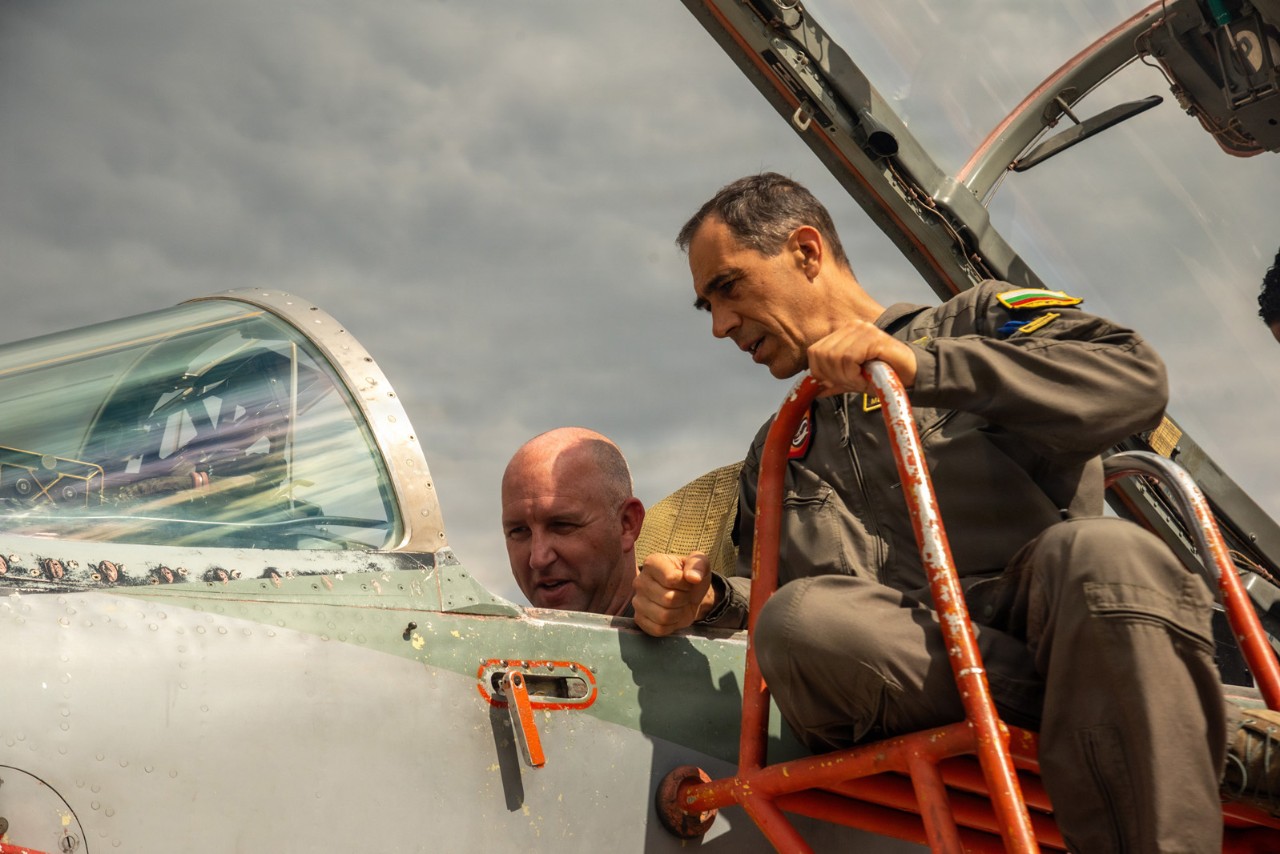 Bulgarian Air Force Col. Metodi Orlov, commander of 3rd Air Base, shows U.S. Air Force Col. Christopher Francis, commander of the 118th Wing, Tennessee Air National Guard, the cockpit of a MiG-29 aircraft on the flight line at 3rd Air Base in Graf Ignatievo, Bulgaria, July 9. The engagement supported the National Guard State Partnership Program, through which the Tennessee National Guard and the Bulgarian Armed Forces have partnered for more than 30 years to strengthen interoperability, readiness and regional security. (photo by Master Sgt. Treven Cannon) Bulgarian Air Force Col. Metodi Orlov, commander of 3rd Air Base, shows U.S. Air Force Col. Christopher Francis, commander of the 118th Wing, Tennessee Air National Guard, the cockpit of a MiG-29 aircraft on the flight line at 3rd Air Base in Graf Ignatievo, Bulgaria, July 9. The engagement supported the National Guard State Partnership Program, through which the Tennessee National Guard and the Bulgarian Armed Forces have partnered for more than 30 years to strengthen interoperability, readiness and regional security. (photo by Master Sgt. Treven Cannon)