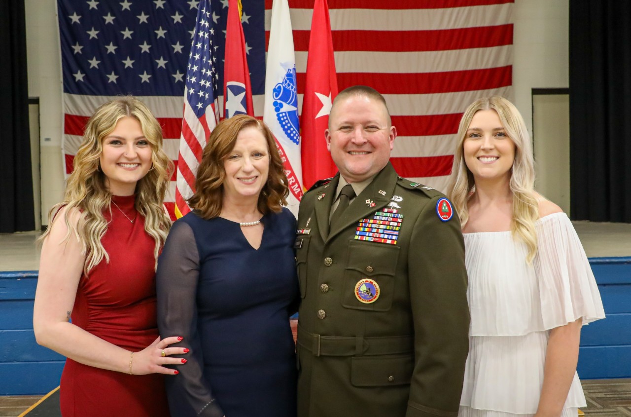 James “Jim” Ridings from Maryville was promoted to the rank of Colonel in the Tennessee Army National Guard during a ceremony held at the Tennessee National Guard’s Joint Force Headquarters in Nashville on May 4. Ridings is seen here with his daughter Emily, wife Sheila, and his other daughter Abbie. (photo by Sgt. 1st Class Mathieu Perry) James “Jim” Ridings from Maryville was promoted to the rank of Colonel in the Tennessee Army National Guard during a ceremony held at the Tennessee National Guard’s Joint Force Headquarters in Nashville on May 4. Ridings is seen here with his daughter Emily, wife Sheila, and his other daughter Abbie. (photo by Sgt. 1st Class Mathieu Perry)