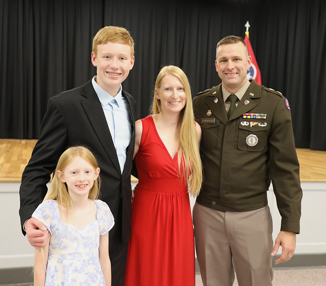 Newly promoted Colonel Richard Stackpole poses with his wife, Deana, and their two children, Abram and Verity, during his promotion ceremony with the Tennessee Army National Guard held at Smyrna’s Volunteer Training Site, September 11. (photo by Lt. Col. Darrin Haas) Newly promoted Colonel Richard Stackpole poses with his wife, Deana, and their two children, Abram and Verity, during his promotion ceremony with the Tennessee Army National Guard held at Smyrna’s Volunteer Training Site, September 11. (photo by Lt. Col. Darrin Haas)