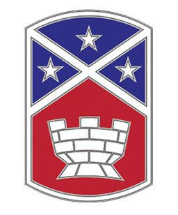 The Tennessee National Guard's 194th Engineer Brigade logo - A red, white and blue crest with three stars at the top and a castle turret is located in the center of the logo near the bottom. The Tennessee National Guard's 194th Engineer Brigade logo - A red, white and blue crest with three stars at the top and a castle turret is located in the center of the logo near the bottom.